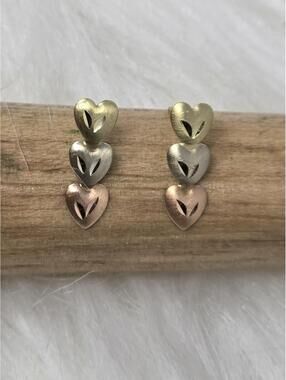 14k Gold Tri Tone Triple Heart Dangle Earrings